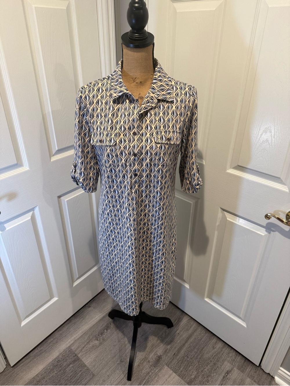 J. McLaughlin Navy and Cream Geometric Button-Front Shirt Dress